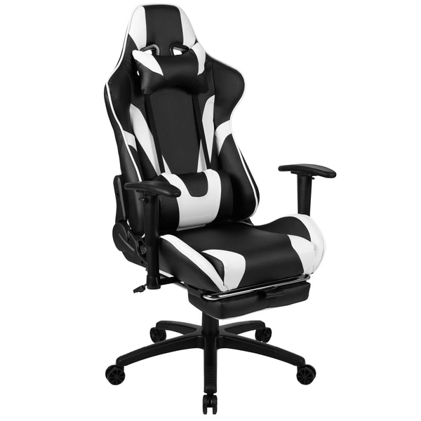 Black |#| Reclining Faux Leather Gaming Chair - Adjustable Arms & Footrest - Black & White