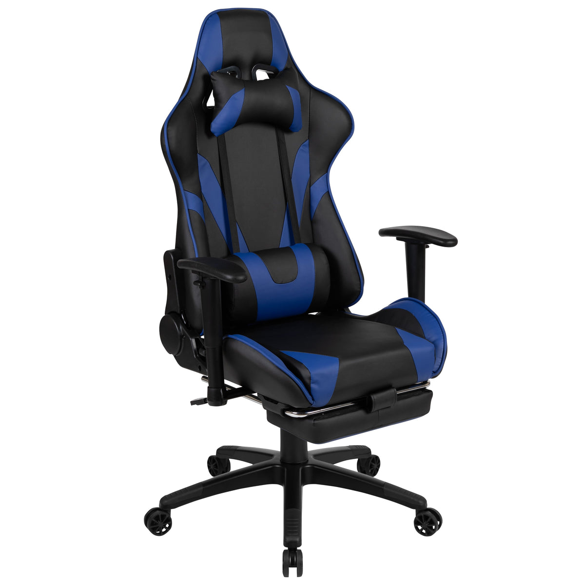 Blue |#| Reclining Faux Leather Gaming Chair - Adjustable Arms & Footrest - Black & Blue