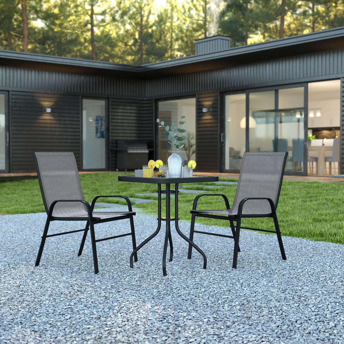 Gray |#| 3 Piece Patio Dining Set - 23.5inch Square Glass Table, 2 Gray Flex Stack Chairs