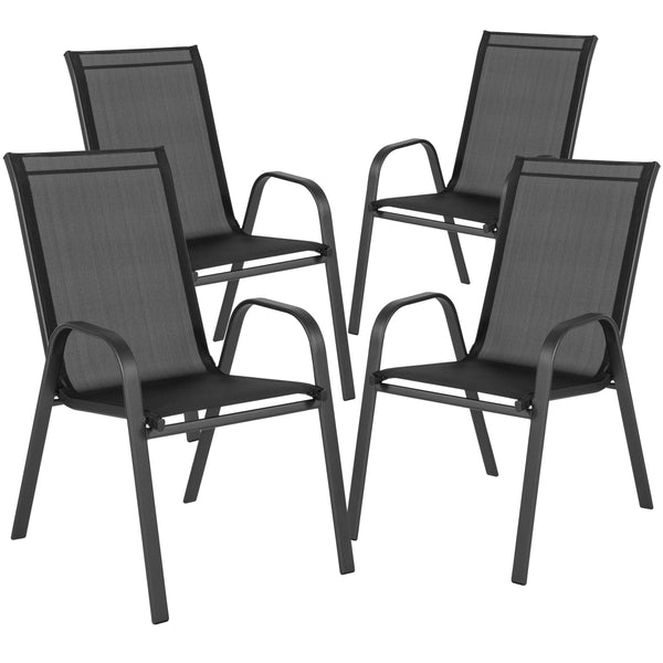 Black |#| 3 Piece Patio Dining Set - 23.5inch Square Glass Table, 2 Black Flex Stack Chairs