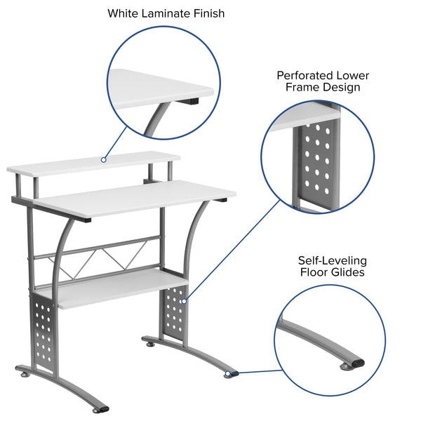 White |#| White Computer Desk with Perforated Side Paneling and Raised Monitor Shelf