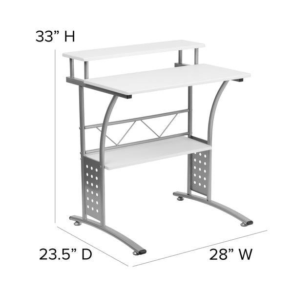 White |#| White Computer Desk with Perforated Side Paneling and Raised Monitor Shelf