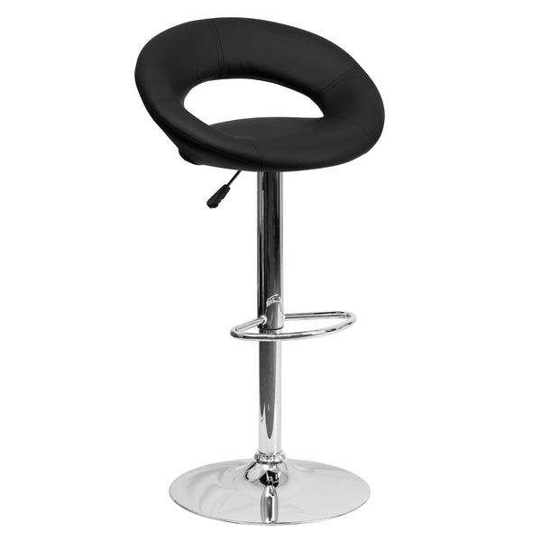 Black |#| Black Vinyl Rounded Orbit-Style Back Adjustable Height Barstool w/ Chrome Base