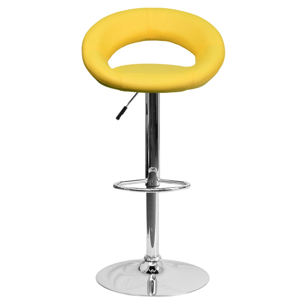 Yellow |#| Yellow Vinyl Rounded Orbit-Style Back Adjustable Height Barstool w/ Chrome Base