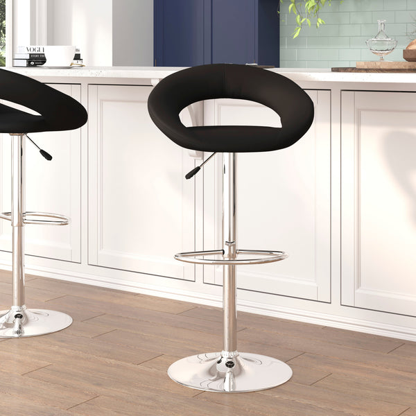 Black |#| Black Vinyl Rounded Orbit-Style Back Adjustable Height Barstool w/ Chrome Base