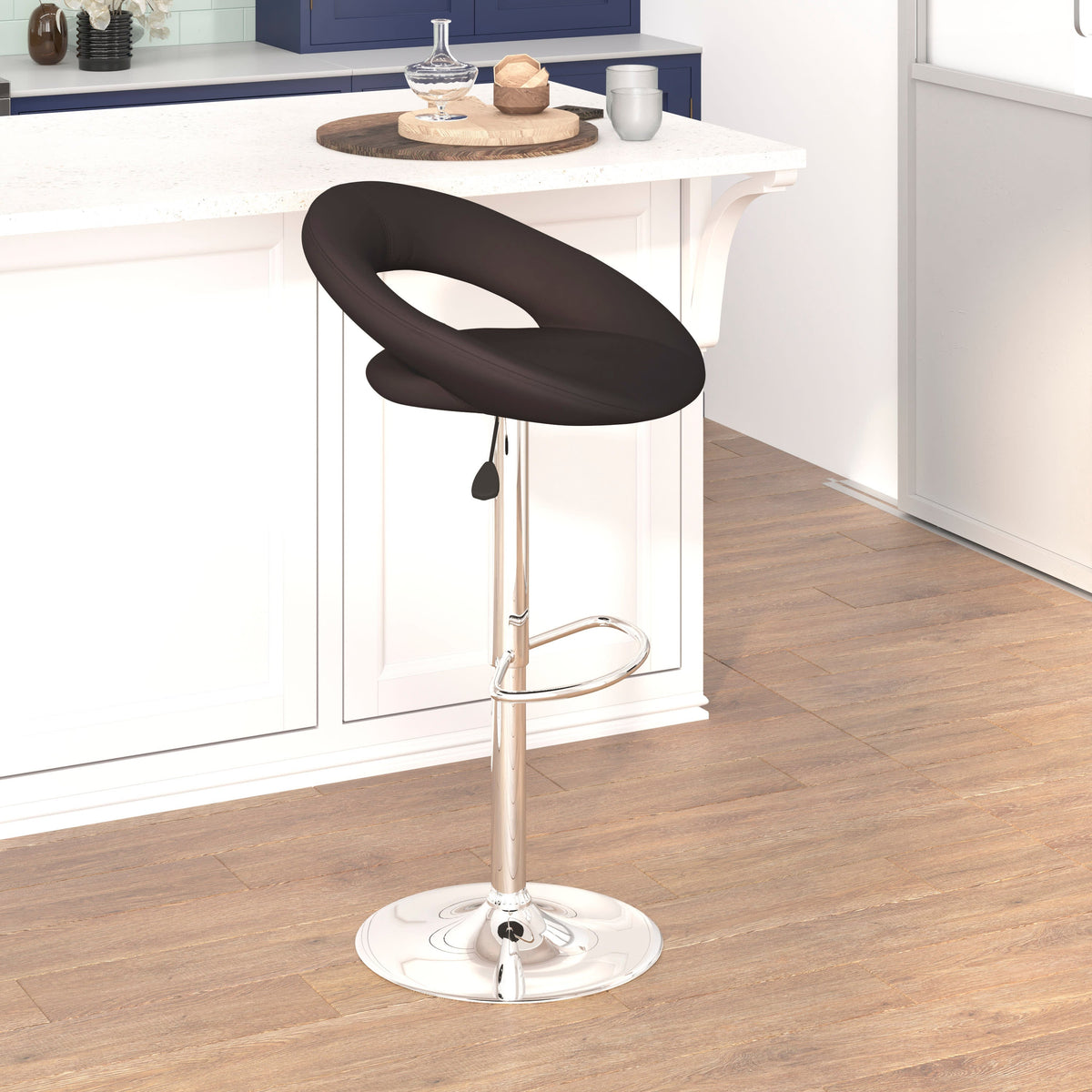 Brown |#| Brown Vinyl Rounded Orbit-Style Back Adjustable Height Barstool w/ Chrome Base