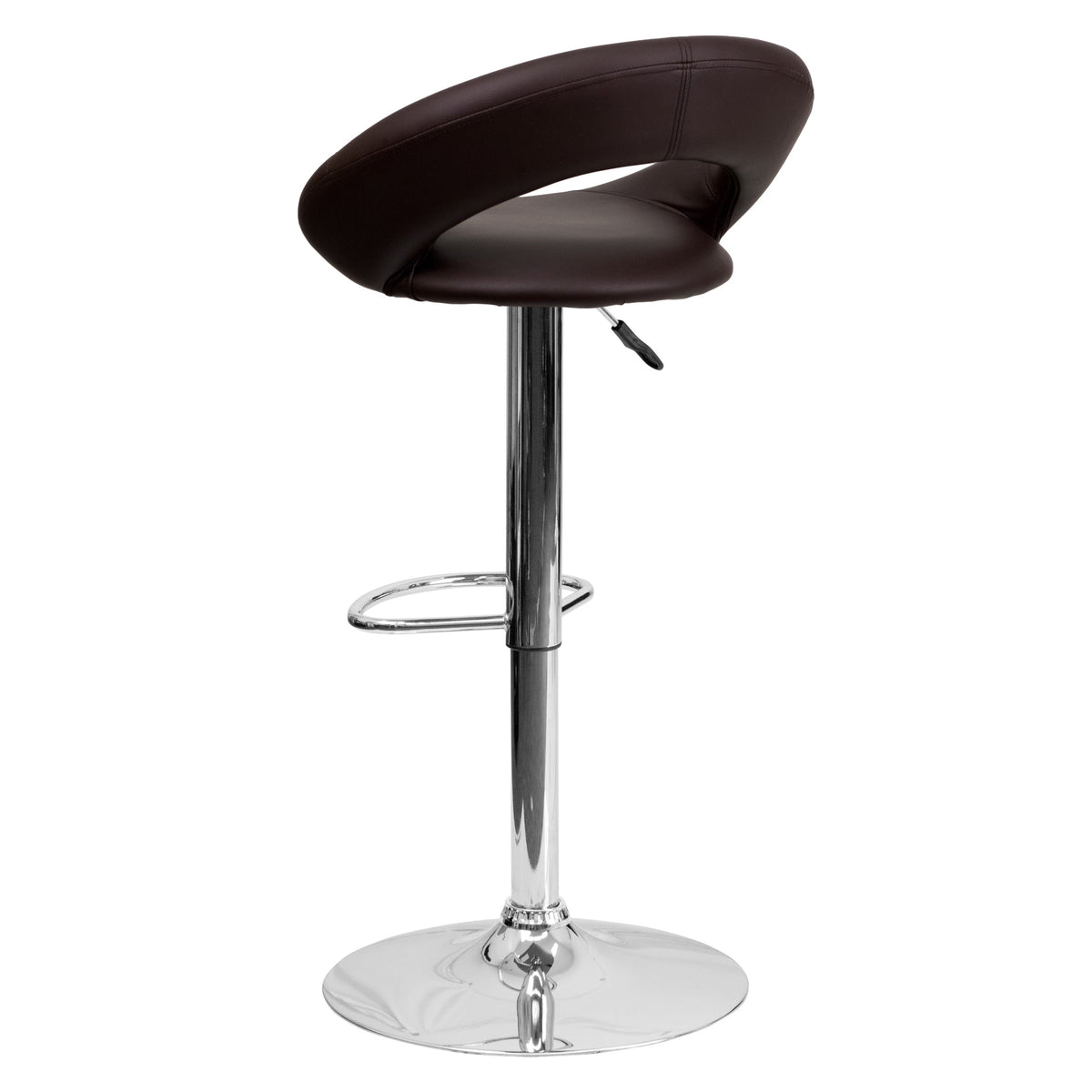 Brown |#| Brown Vinyl Rounded Orbit-Style Back Adjustable Height Barstool w/ Chrome Base