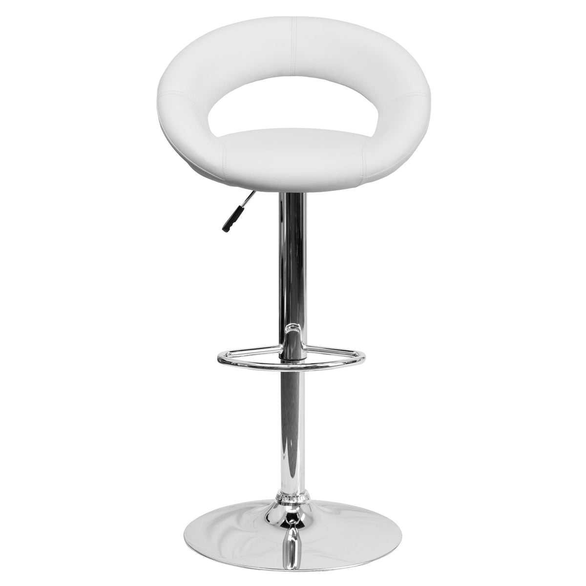 White |#| White Vinyl Rounded Orbit-Style Back Adjustable Height Barstool w/ Chrome Base