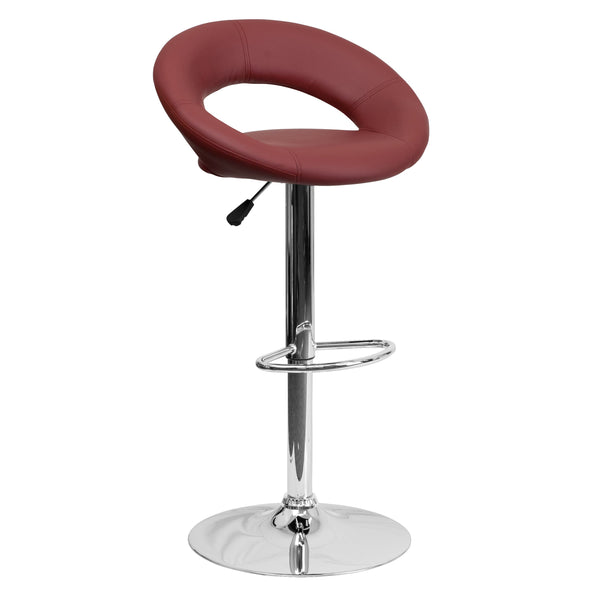 Burgundy |#| Burg Vinyl Rounded Orbit-Style Back Adjustable Height Barstool w/ Chrome Base