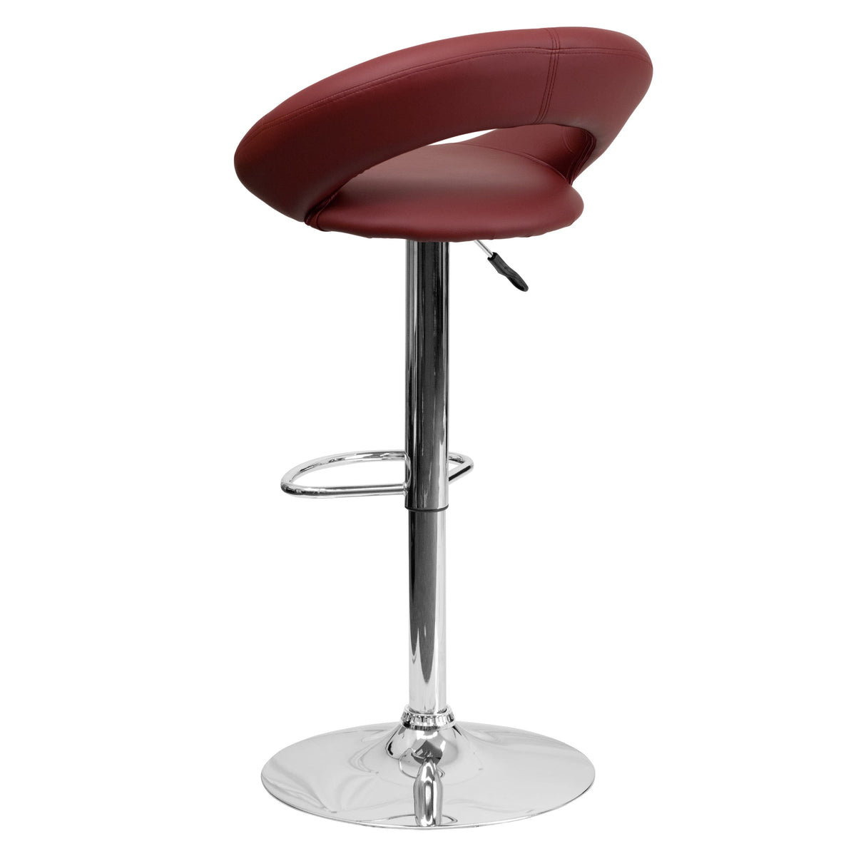 Burgundy |#| Burg Vinyl Rounded Orbit-Style Back Adjustable Height Barstool w/ Chrome Base