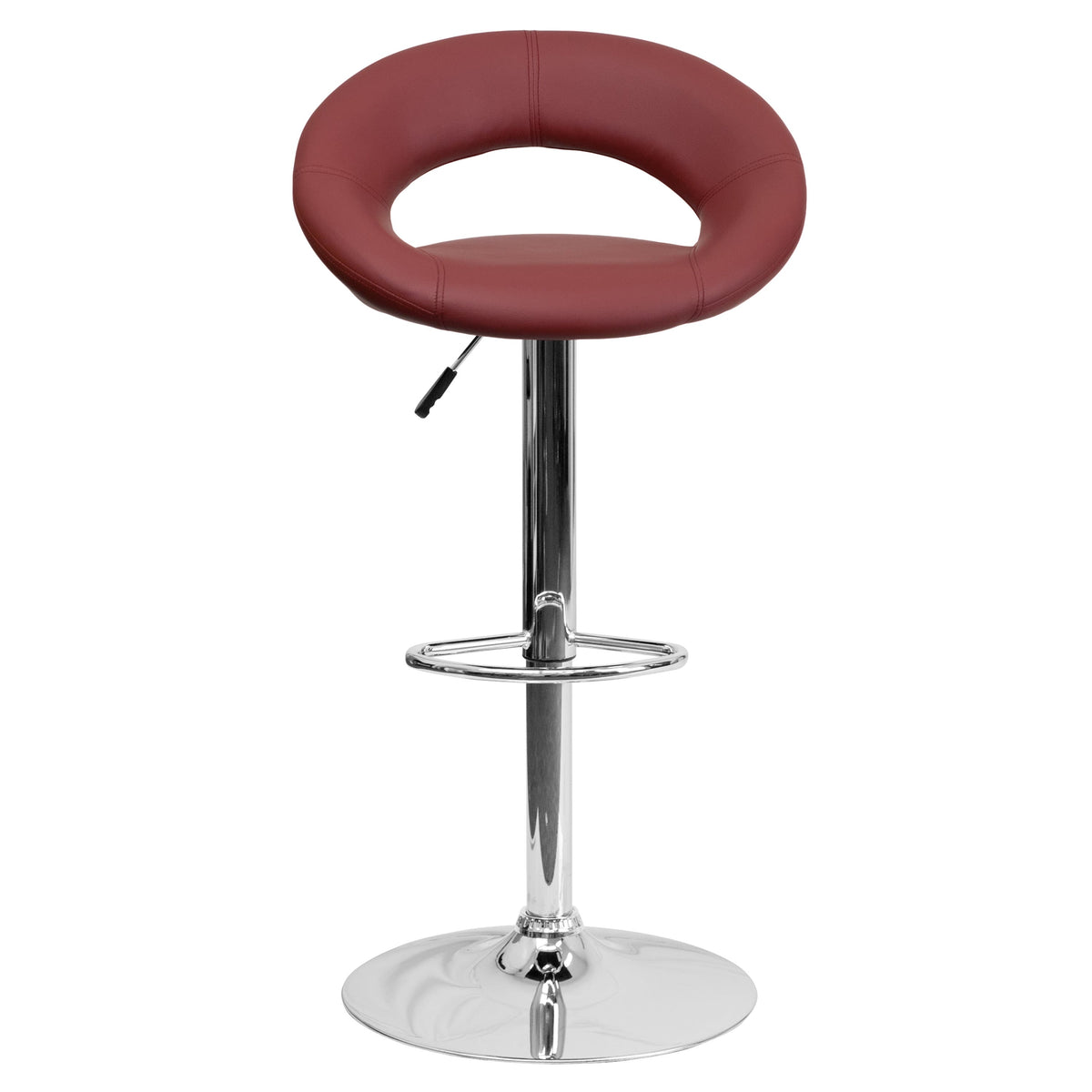 Burgundy |#| Burg Vinyl Rounded Orbit-Style Back Adjustable Height Barstool w/ Chrome Base