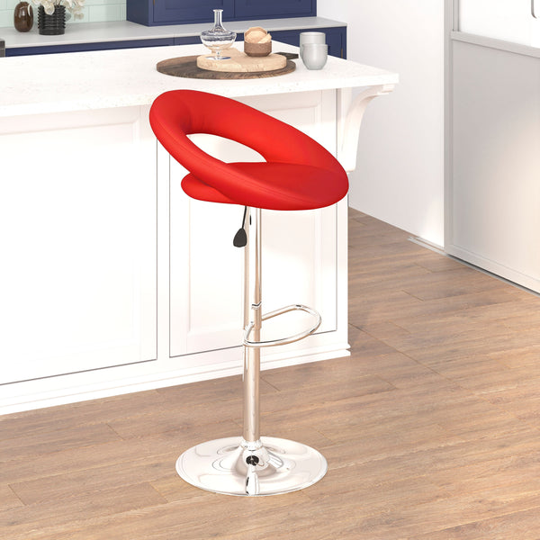 Red |#| Red Vinyl Rounded Orbit-Style Back Adjustable Height Barstool w/ Chrome Base