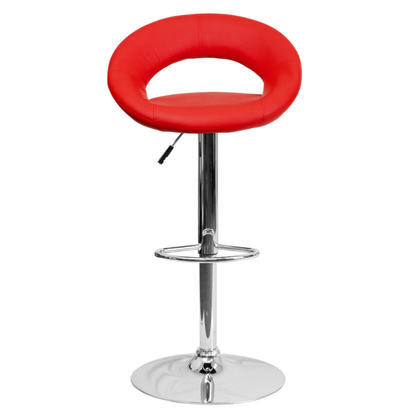 Red |#| Red Vinyl Rounded Orbit-Style Back Adjustable Height Barstool w/ Chrome Base