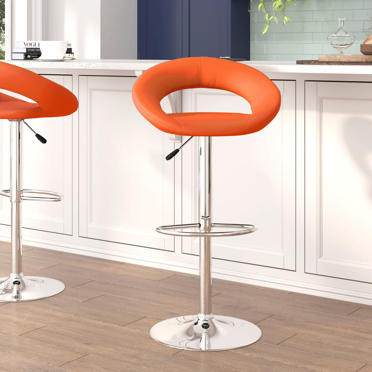 Orange |#| Orange Vinyl Rounded Orbit-Style Back Adjustable Height Barstool w/ Chrome Base