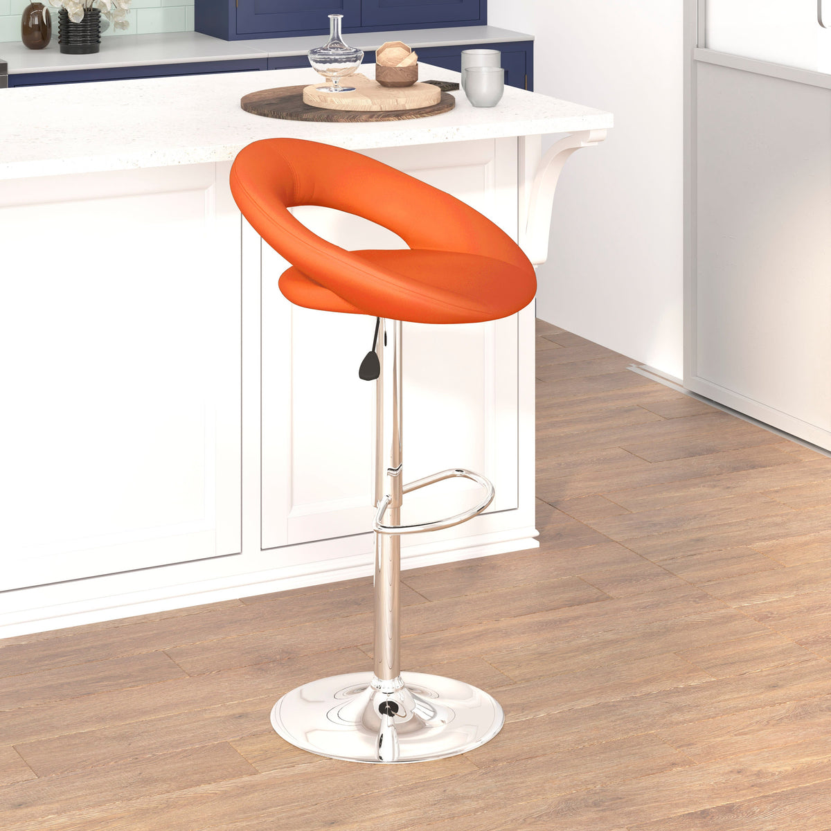 Orange |#| Orange Vinyl Rounded Orbit-Style Back Adjustable Height Barstool w/ Chrome Base