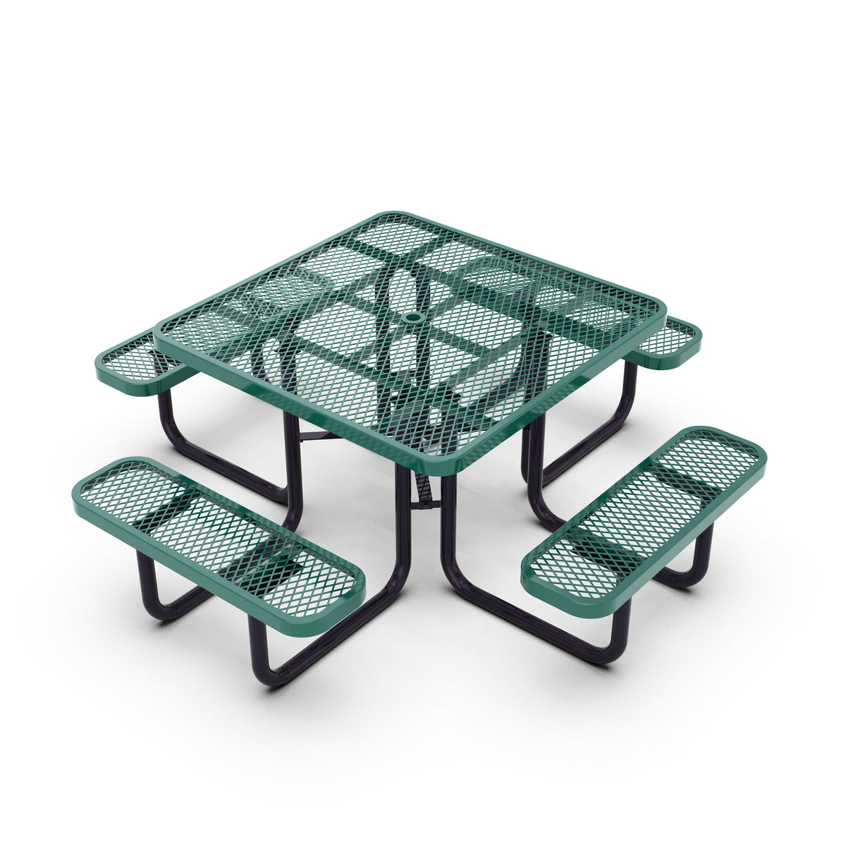 Green |#| Commercial 46 Inch Square Expanded Mesh Metal Picnic Table with Anchors - Green