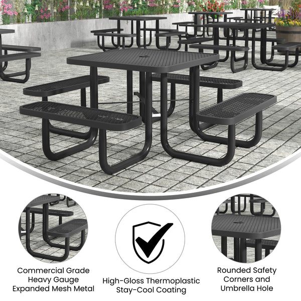 Black |#| Commercial 46 Inch Square Expanded Mesh Metal Picnic Table with Anchors - Black