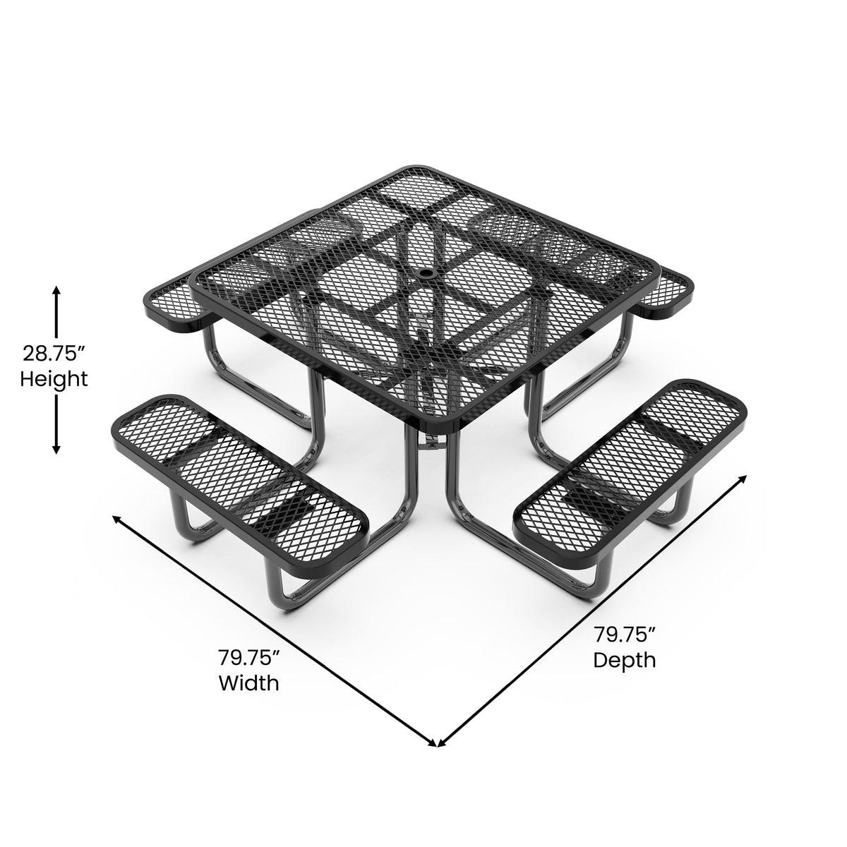 Black |#| Commercial 46 Inch Square Expanded Mesh Metal Picnic Table with Anchors - Black