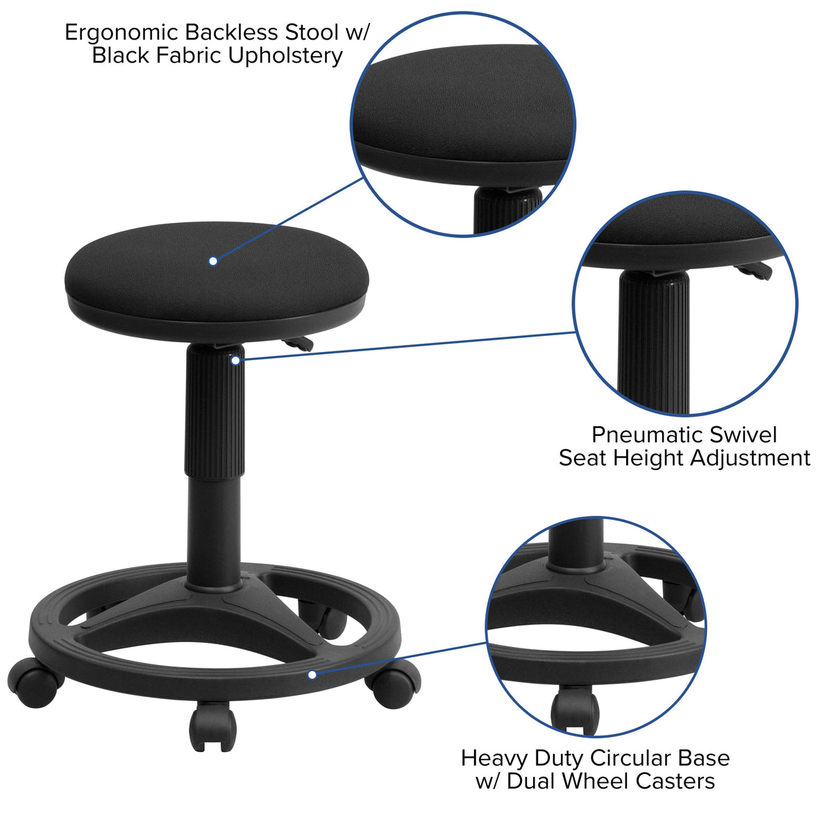 Black Backless Ergonomic Padded Stool with Foot Ring - Medical Stools