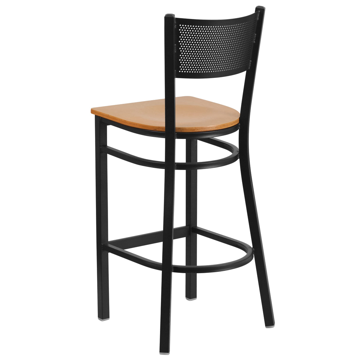 Natural Wood Seat/Black Metal Frame |#| Black Grid Back Metal Restaurant Barstool with Natural Wood Seat