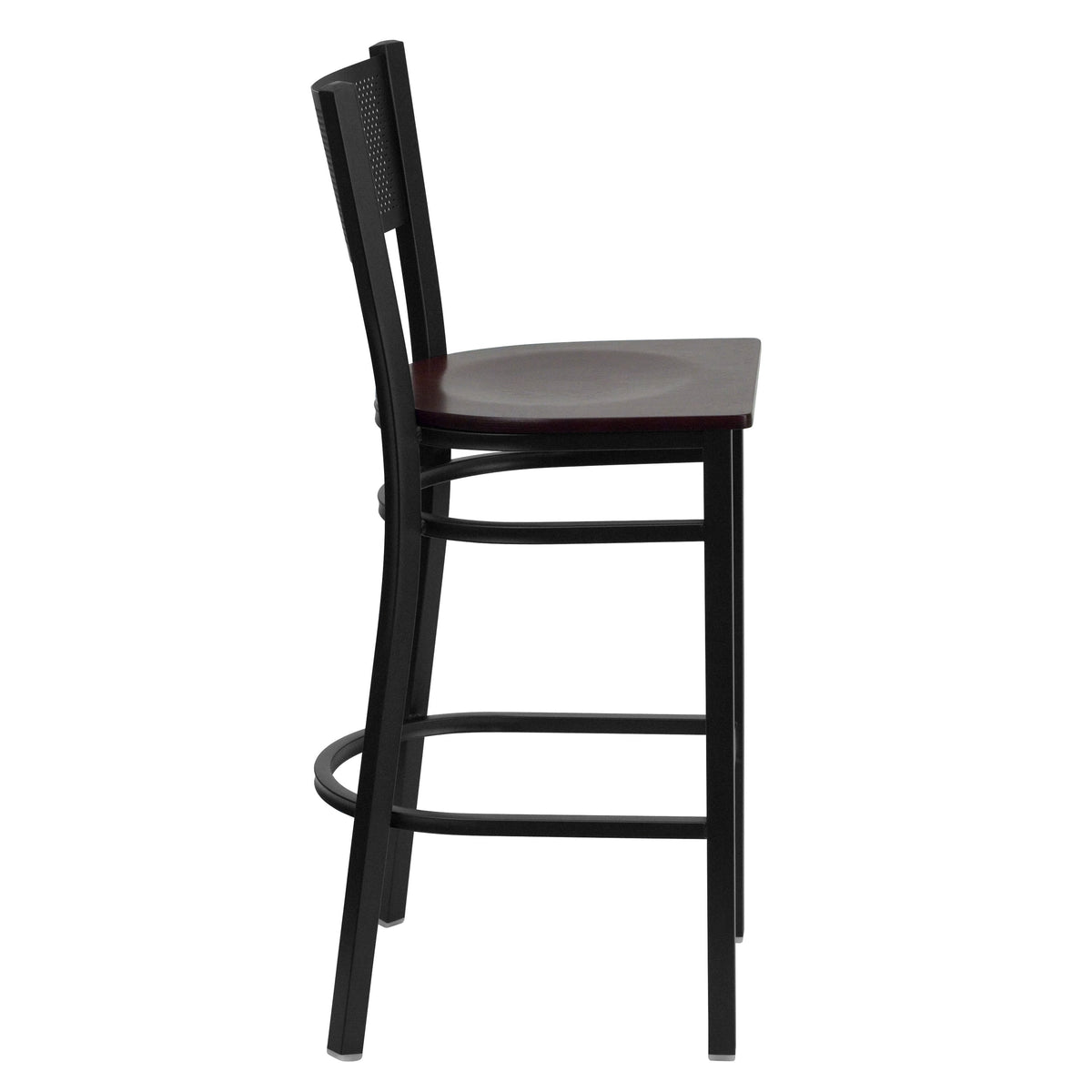 Mahogany Wood Seat/Black Metal Frame |#| Black Grid Back Metal Restaurant Barstool with Mahogany Wood Seat