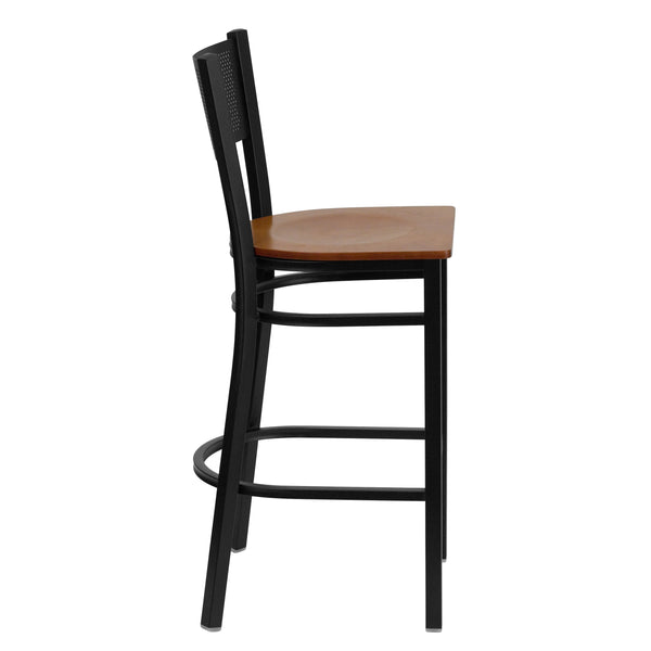 Cherry Wood Seat/Black Metal Frame |#| Black Grid Back Metal Restaurant Barstool with Cherry Wood Seat