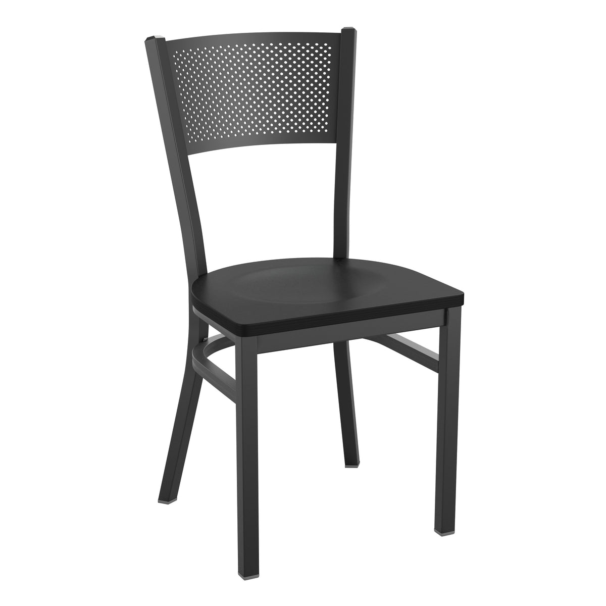 Black Wood Seat/Black Metal Frame |#| Black Grid Back Metal Restaurant Chair with Black Wood Seat