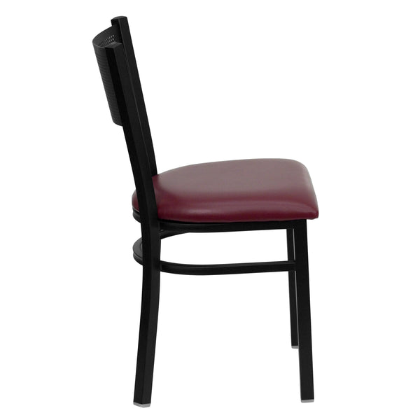 Burgundy Vinyl Seat/Black Metal Frame |#| Black Grid Back Metal Restaurant Chair with Burgundy Vinyl Upholstered Seat