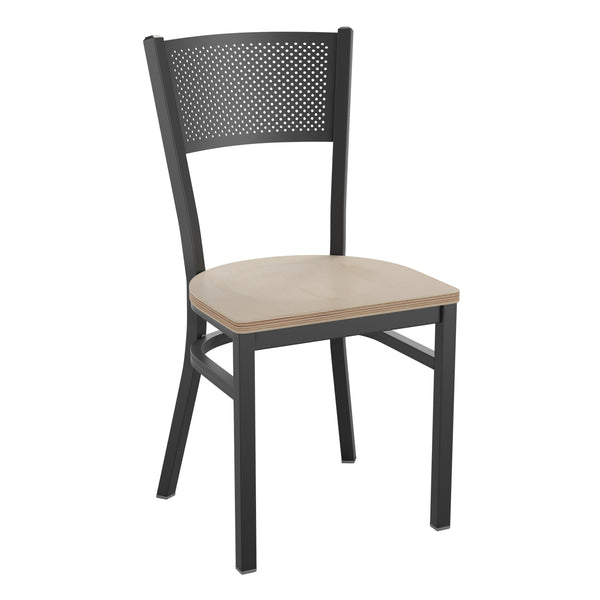 Antique White Wood Seat/Black Metal Frame |#| Black Grid Back Metal Restaurant Chair with Antique White Wood Seat