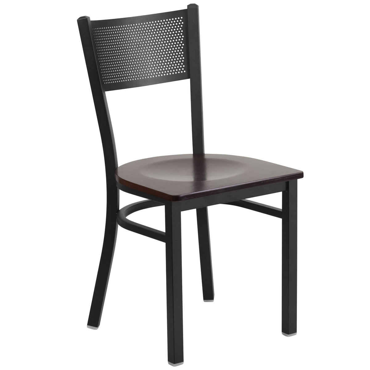 Walnut Wood Seat/Black Metal Frame |#| Black Grid Back Metal Restaurant Chair with Walnut Wood Seat