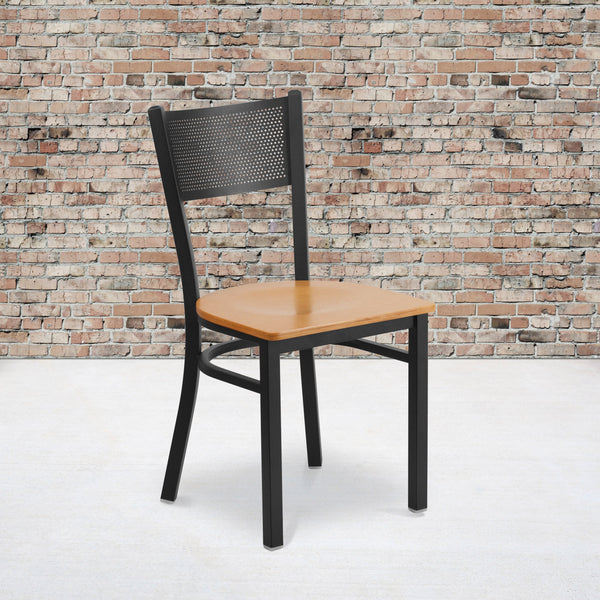 Natural Wood Seat/Black Metal Frame |#| Black Grid Back Metal Restaurant Chair with Natural Wood Seat