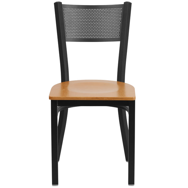 Natural Wood Seat/Black Metal Frame |#| Black Grid Back Metal Restaurant Chair with Natural Wood Seat