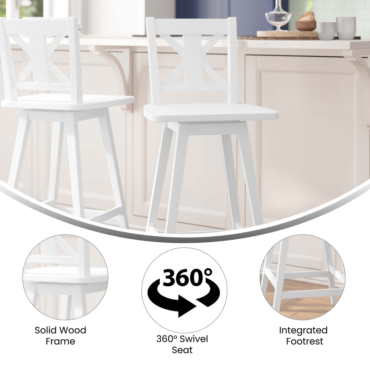 White Wash |#| Commercial 360° Swivel Wood Bar Height Stool in Antique White Wash