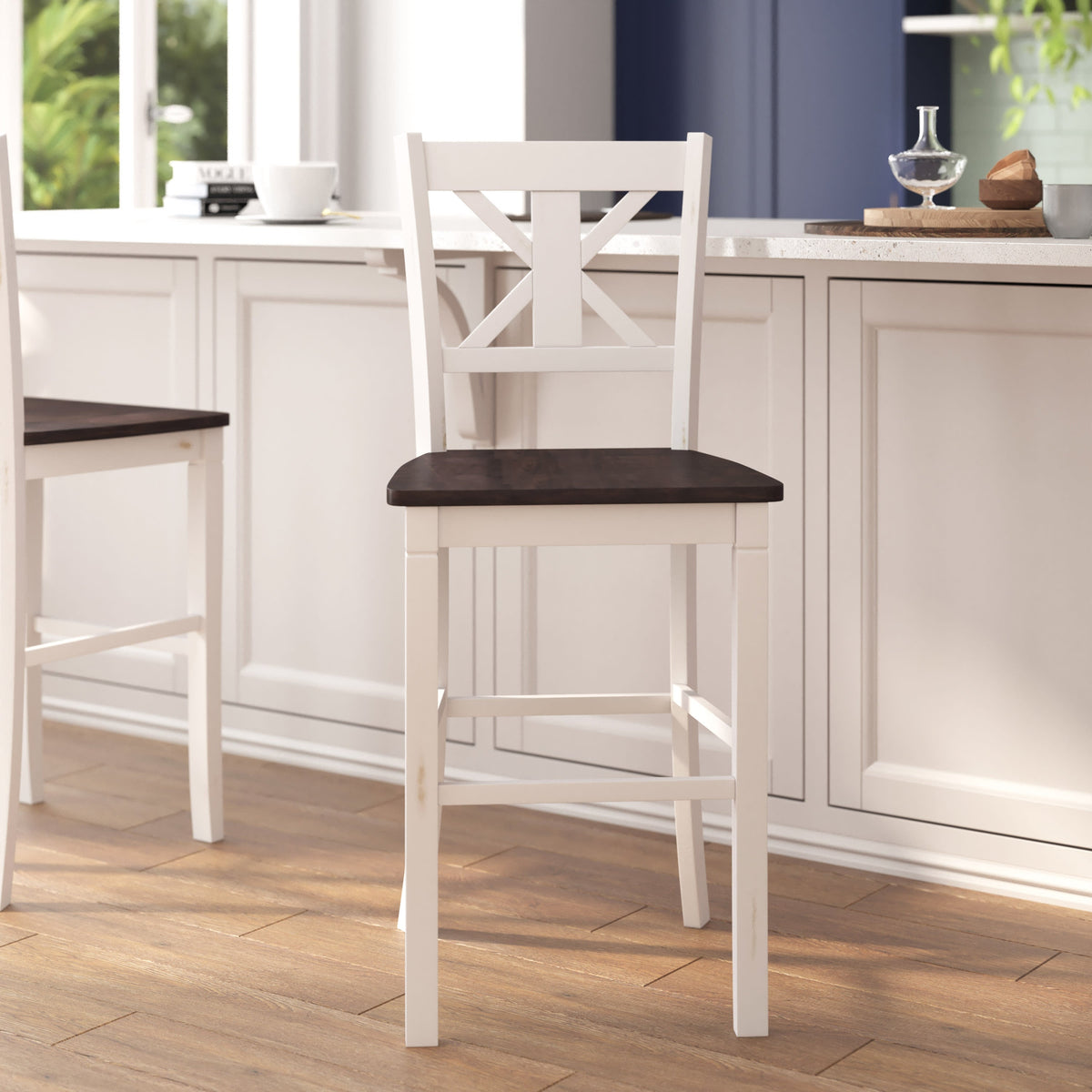 White Wash |#| Commercial Grade Wooden Bar Height Stool in Antique White Wash, Set of 2