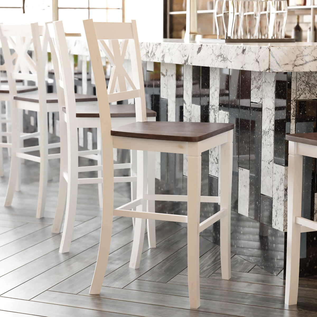 White Wash |#| Commercial Grade Wooden Bar Height Stool in Antique White Wash, Set of 2