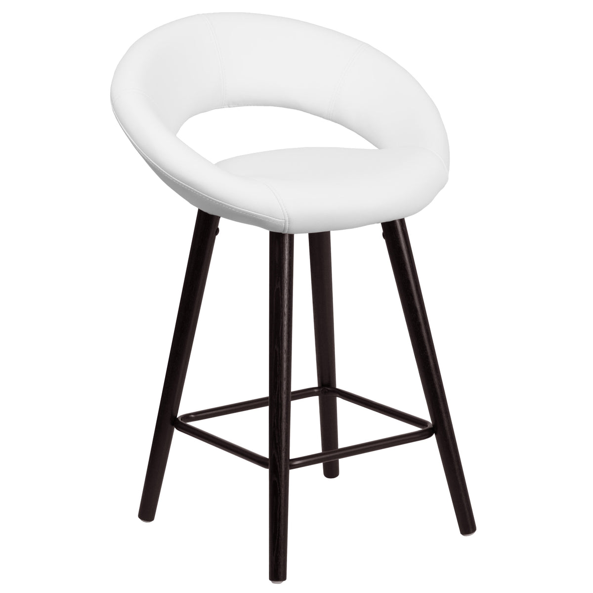 White |#| 24inch High Cappuccino Wood Rounded Back Counter Height Stool in White Vinyl