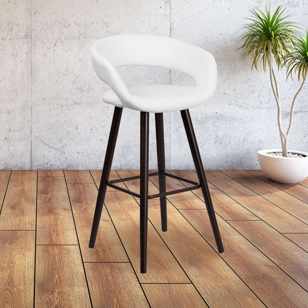 White |#| 24inch High Cappuccino Wood Rounded Back Counter Height Stool in White Vinyl