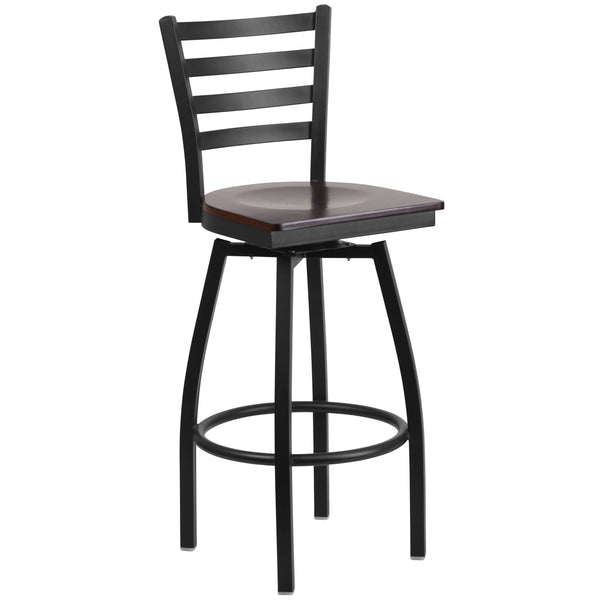 Walnut Wood Seat/Black Metal Frame |#| Black Ladder Back Swivel Metal Barstool - Walnut Wood Seat