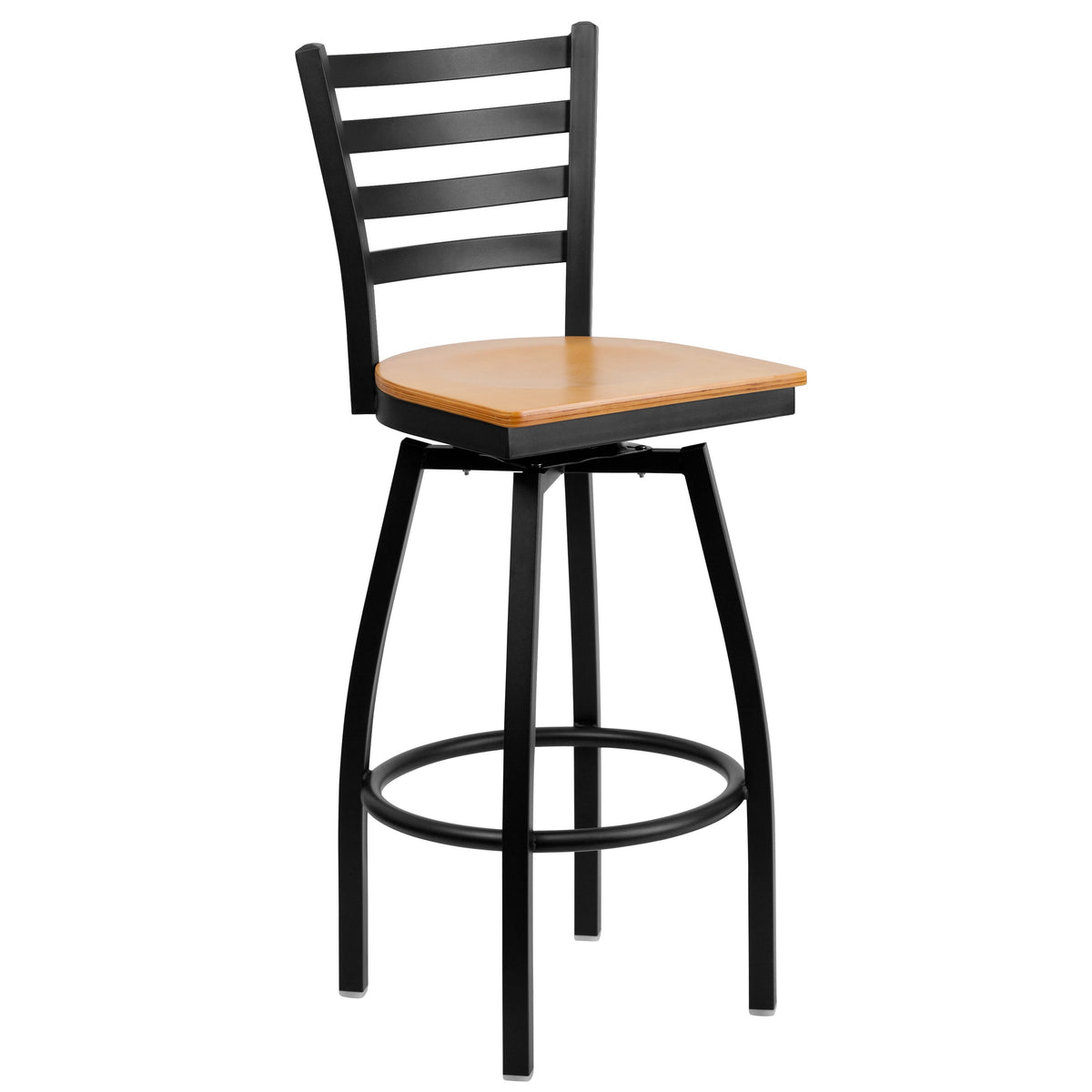 Natural Wood Seat/Black Metal Frame |#| Black Ladder Back Swivel Metal Barstool - Natural Wood Seat