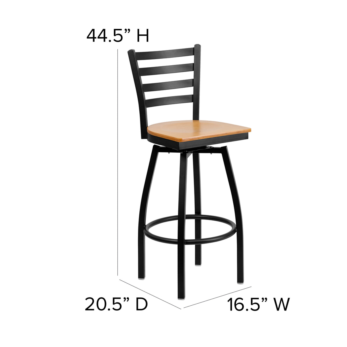 Natural Wood Seat/Black Metal Frame |#| Black Ladder Back Swivel Metal Barstool - Natural Wood Seat