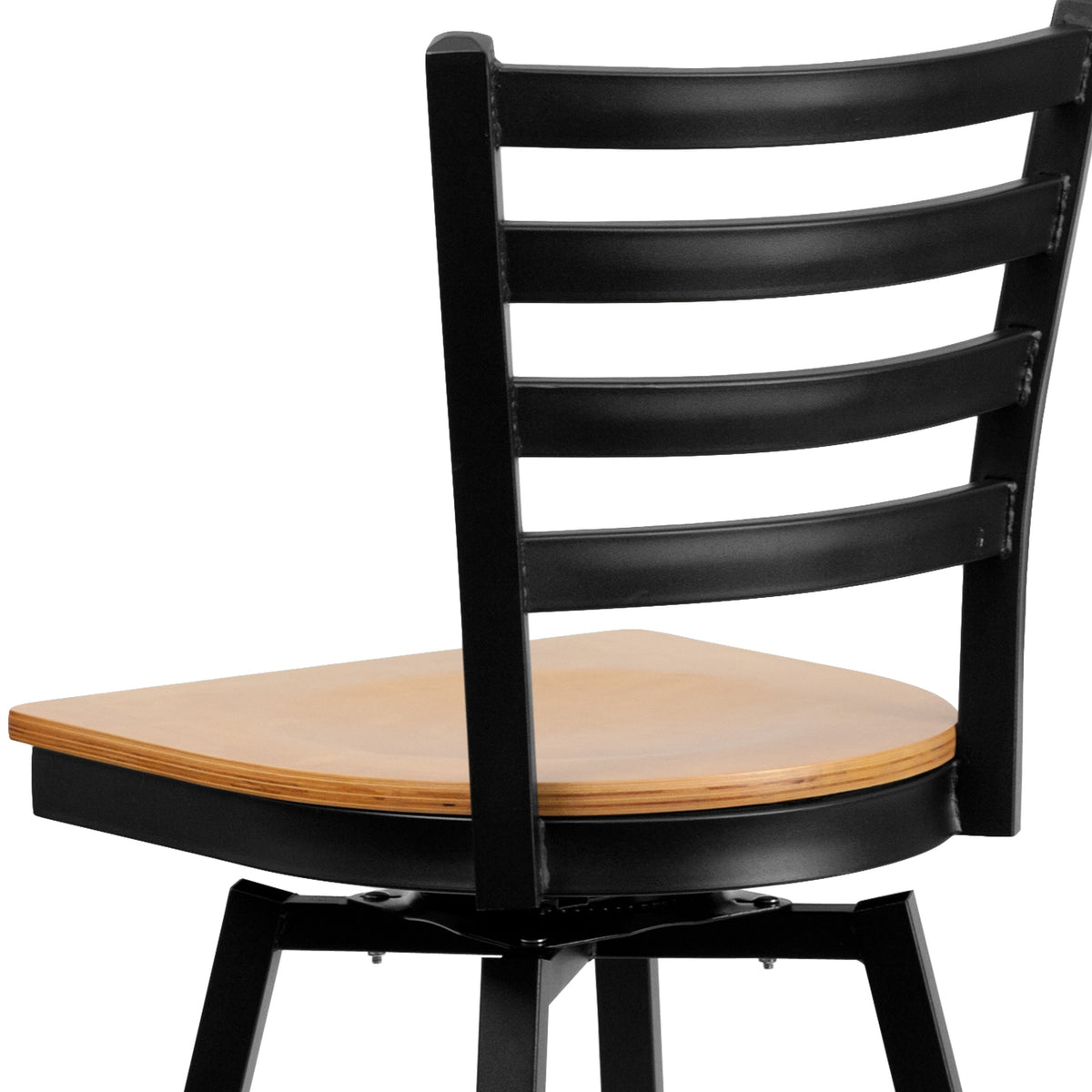 Natural Wood Seat/Black Metal Frame |#| Black Ladder Back Swivel Metal Barstool - Natural Wood Seat