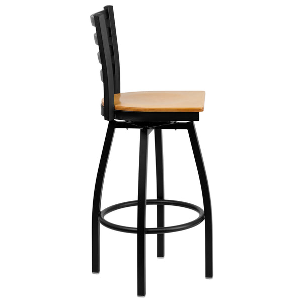 Natural Wood Seat/Black Metal Frame |#| Black Ladder Back Swivel Metal Barstool - Natural Wood Seat