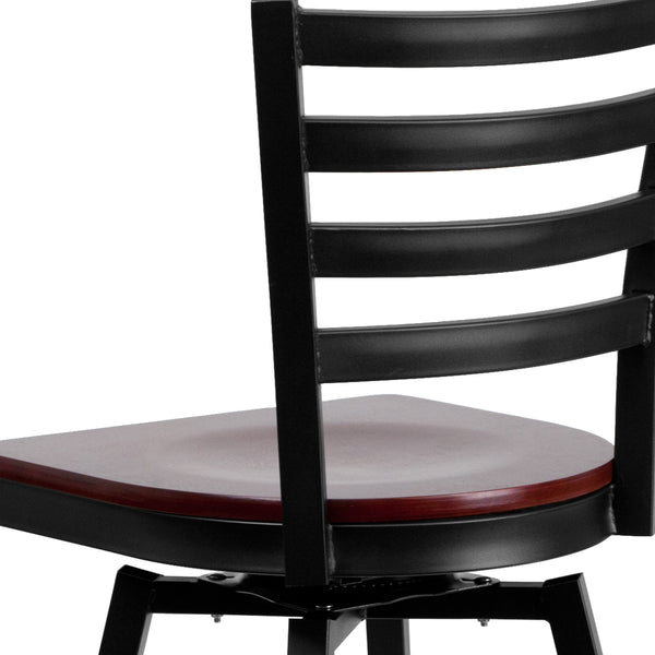 Mahogany Wood Seat/Black Metal Frame |#| Black Ladder Back Swivel Metal Barstool - Mahogany Wood Seat