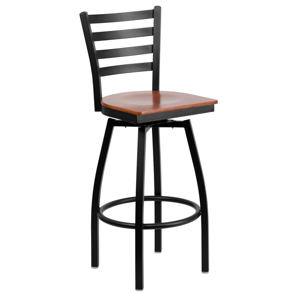 Cherry Wood Seat/Black Metal Frame |#| Black Ladder Back Swivel Metal Barstool - Cherry Wood Seat