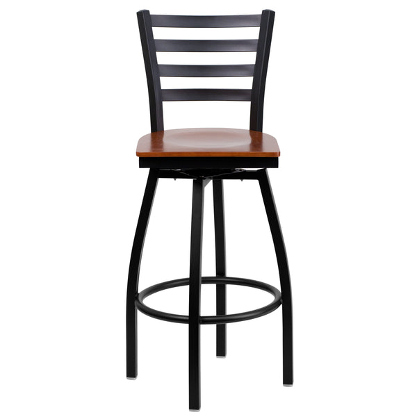 Cherry Wood Seat/Black Metal Frame |#| Black Ladder Back Swivel Metal Barstool - Cherry Wood Seat