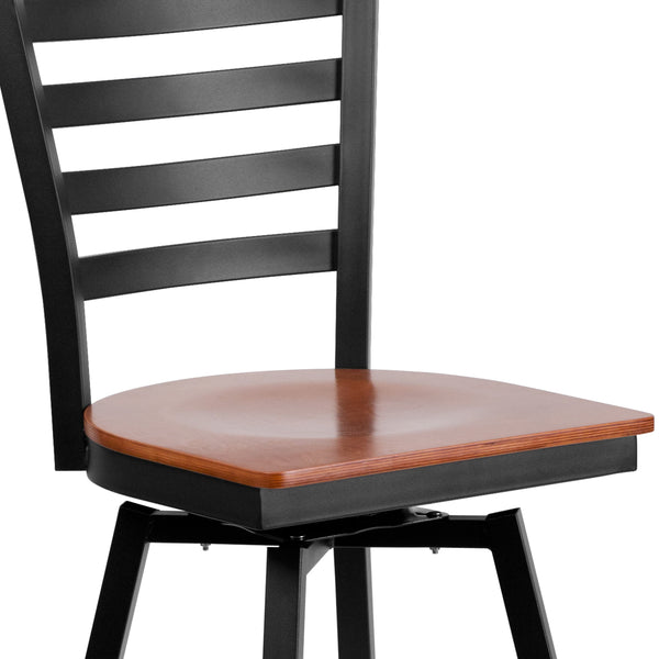 Cherry Wood Seat/Black Metal Frame |#| Black Ladder Back Swivel Metal Barstool - Cherry Wood Seat