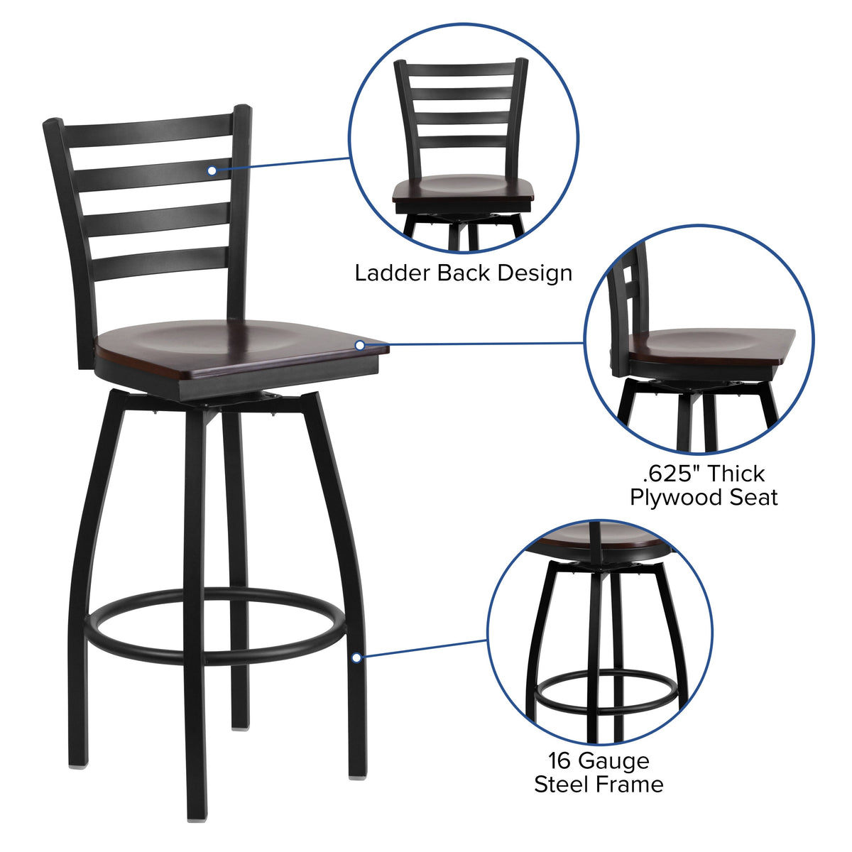 Walnut Wood Seat/Black Metal Frame |#| Black Ladder Back Swivel Metal Barstool - Walnut Wood Seat