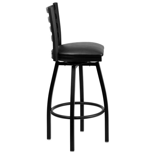 Black Vinyl Seat/Black Metal Frame |#| Black Ladder Back Swivel Metal Barstool - Black Vinyl Seat