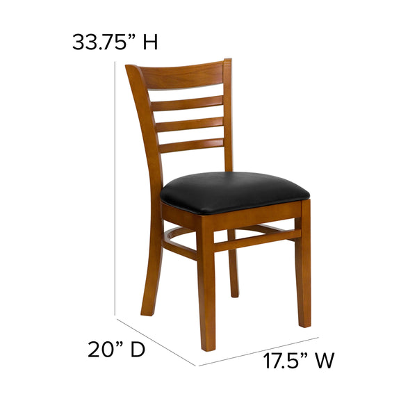 Black Vinyl Seat/Cherry Wood Frame |#| Ladder Back Cherry Wood Restaurant Chair - Black Vinyl Seat