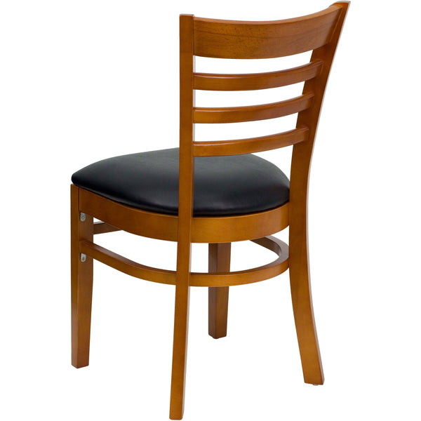 Black Vinyl Seat/Cherry Wood Frame |#| Ladder Back Cherry Wood Restaurant Chair - Black Vinyl Seat